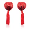N200 - Heart Shaped Nipple Covers with Tassels - Red/Red
