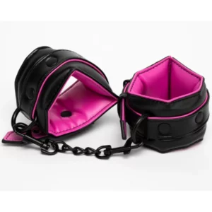 L107 - PVC & Leather Padded Cuffs Black / Hot Pink
